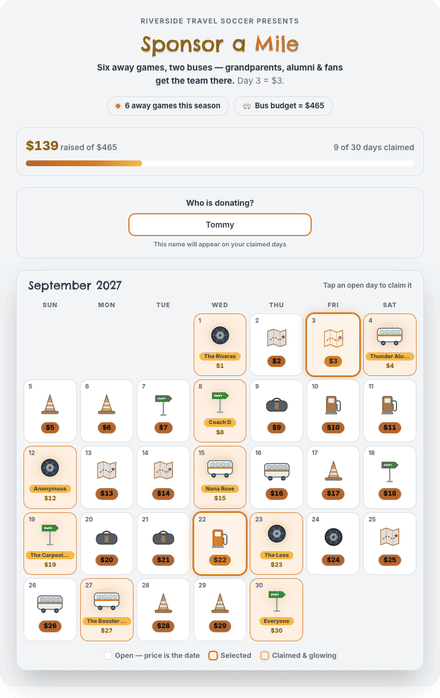 Team Travel calendar fundraiser filling with claimed dates