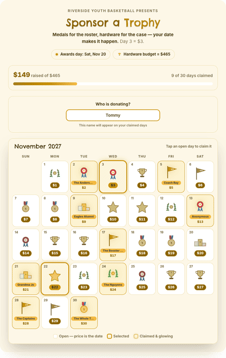 Trophy calendar fundraiser filling with claimed dates