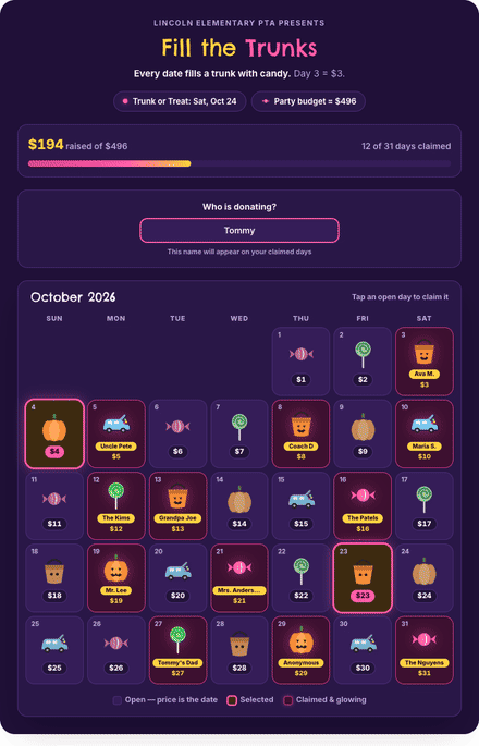 Trunk or Treat calendar fundraiser filling with claimed dates