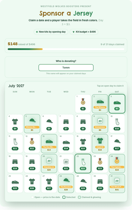 Team Uniforms calendar fundraiser filling with claimed dates