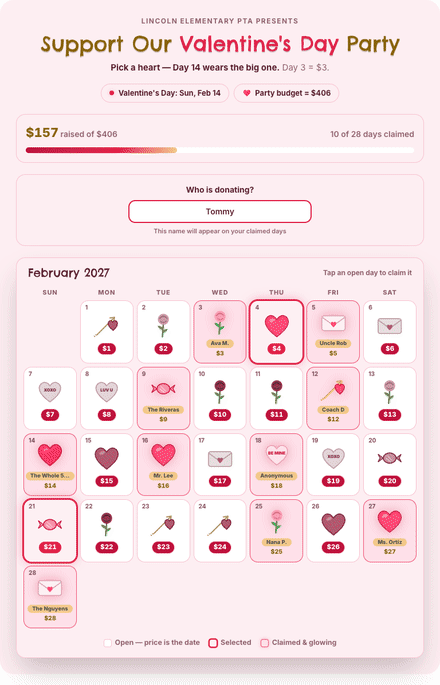 Valentine's Party calendar fundraiser filling with claimed dates