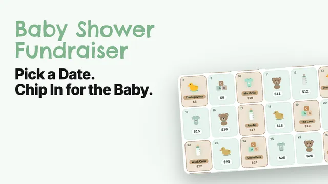 Baby shower pick-a-date calendar with claimed dates and contributors' names