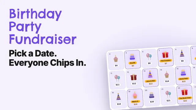 Birthday pick-a-date calendar with claimed dates and friends' names