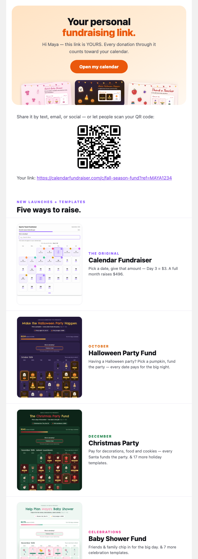The automatic email each participant receives with their personal calendar link and QR code