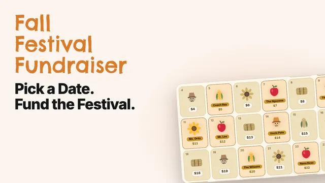 Fall festival pick-a-date calendar with claimed October dates and supporter names