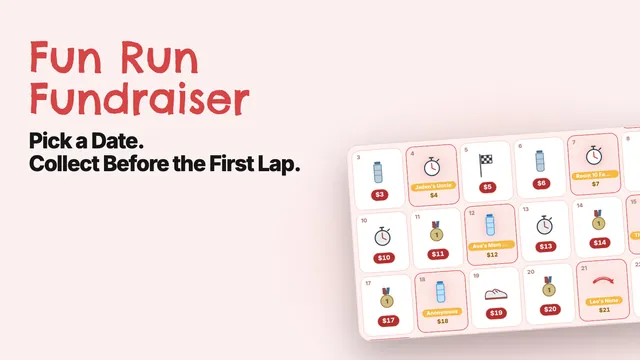 Fun run pick-a-date calendar for one runner with claimed dates and family names