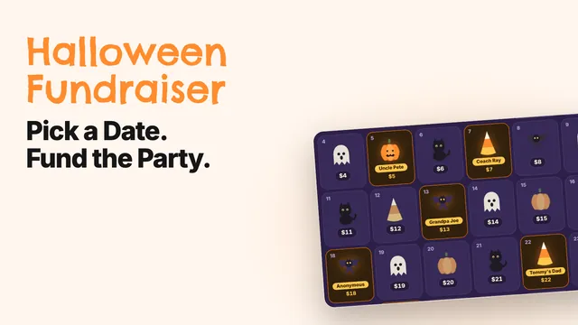 Halloween pick-a-date calendar with claimed October dates and supporter names