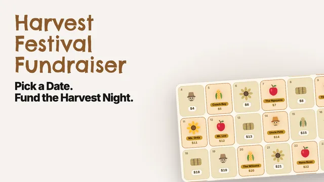 Harvest festival pick-a-date calendar with claimed October dates and congregation names