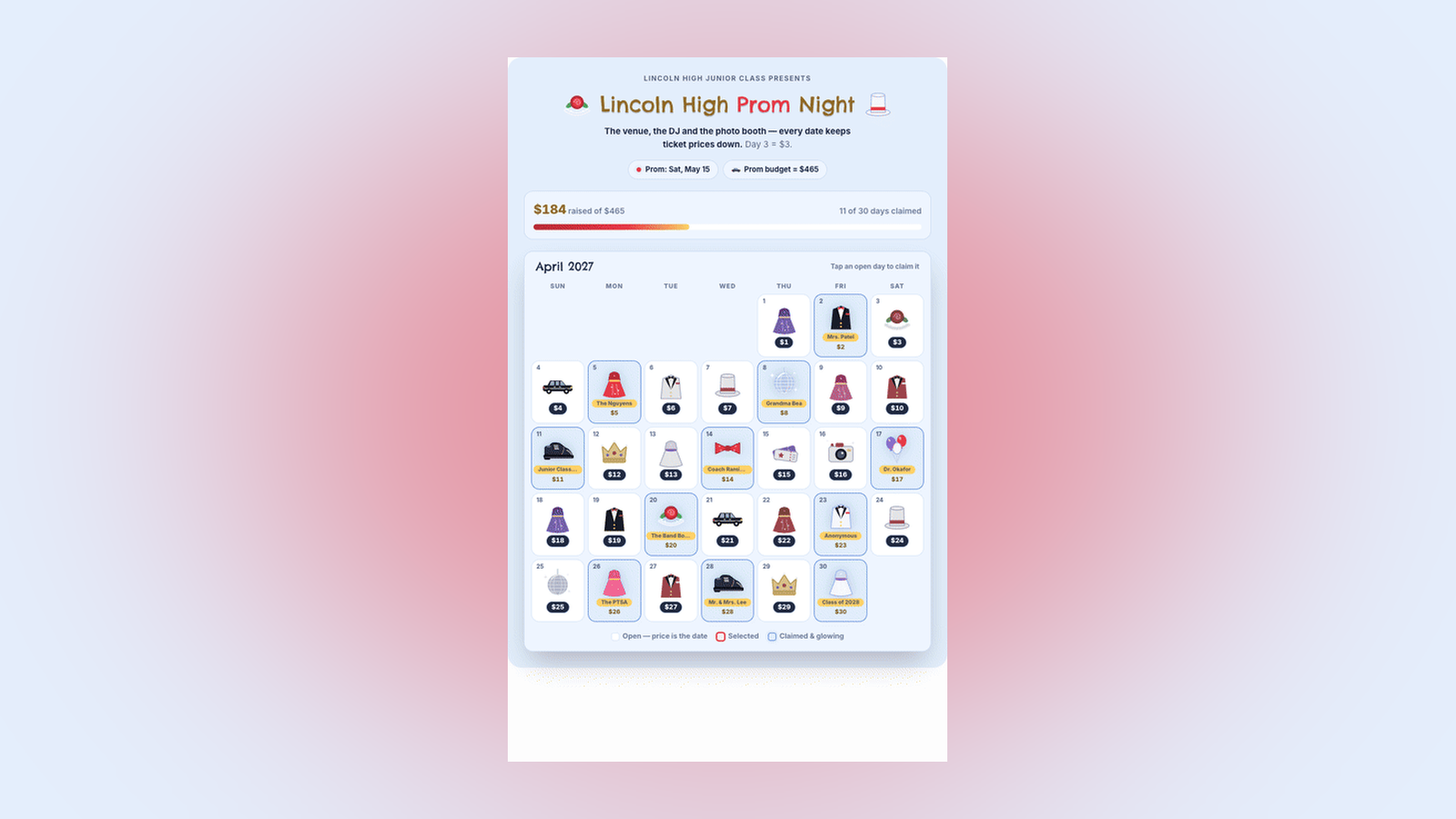 Prom calendar titled Lincoln High Prom Night, with gowns, tuxedos, a corsage, the limo, a crown and a disco ball on the dates and supporters' names on the claimed days