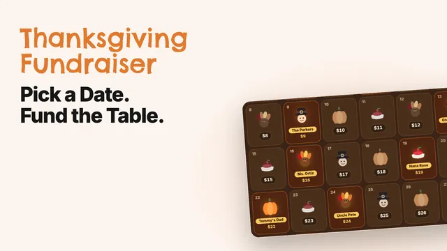 Thanksgiving pick-a-date calendar with claimed November dates and supporter names