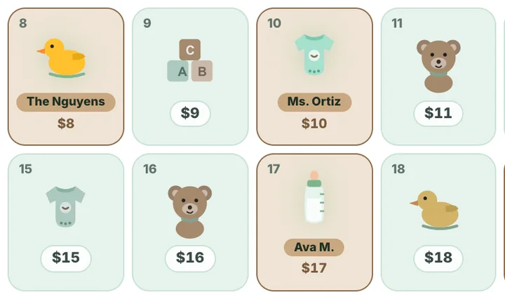 Baby Shower calendar fundraiser calendar with claimed dates