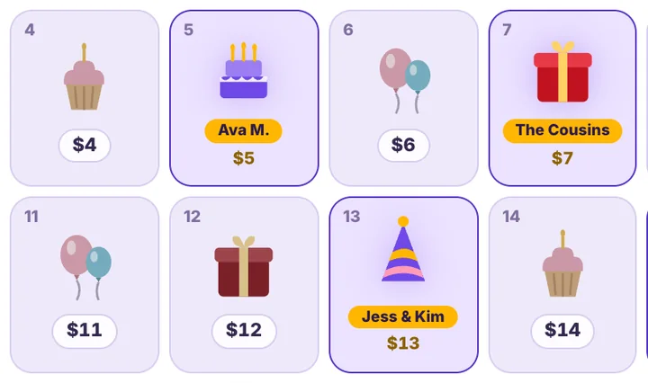 Birthday Party calendar fundraiser calendar with claimed dates