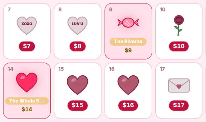 Valentine's Party calendar fundraiser calendar with claimed dates