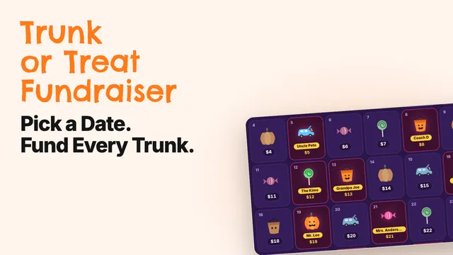 Trunk or treat pick-a-date calendar with claimed October dates and supporter names