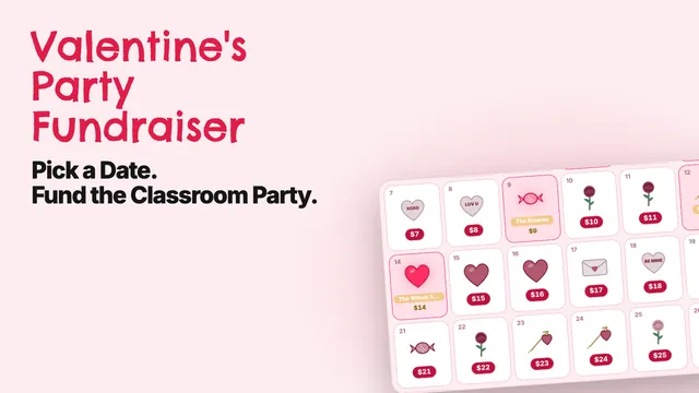 Valentine's pick-a-date calendar with claimed February dates and supporter names